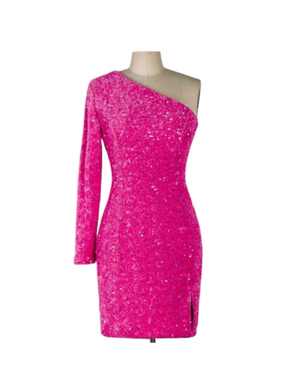 Zapaka One-Shoulder Hot Pink Sequin Mini Dress